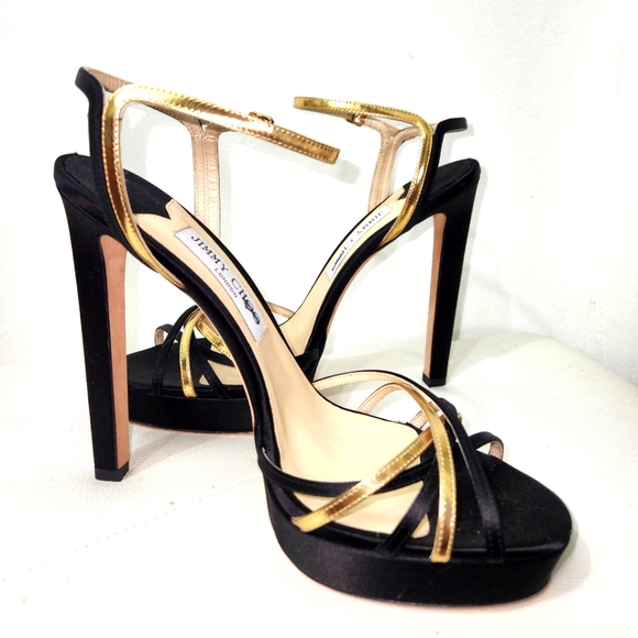 JIMMY CHOO GORGEOUS BLACK SATIN & GOLD ANKLE STRAP SANDALS 40.5 - Picture 1 of 16